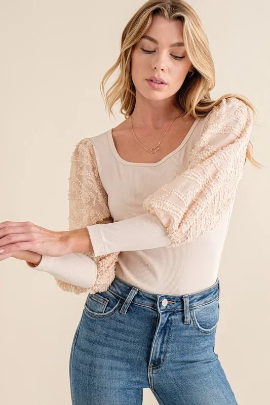 Textured Puff Sleeve Bodysuit - 