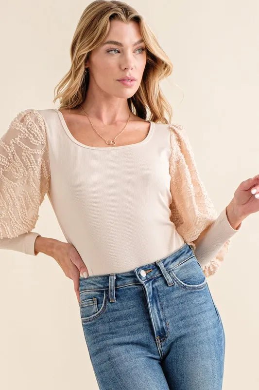 Textured Puff Sleeve Bodysuit - 
