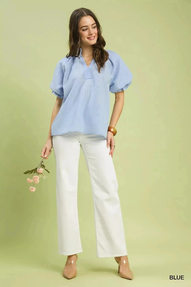 Textured Puff Sleeve Split Neck Top - 
