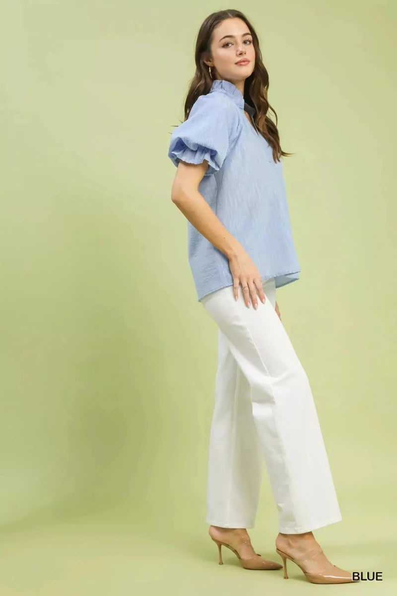 Textured Puff Sleeve Split Neck Top - 