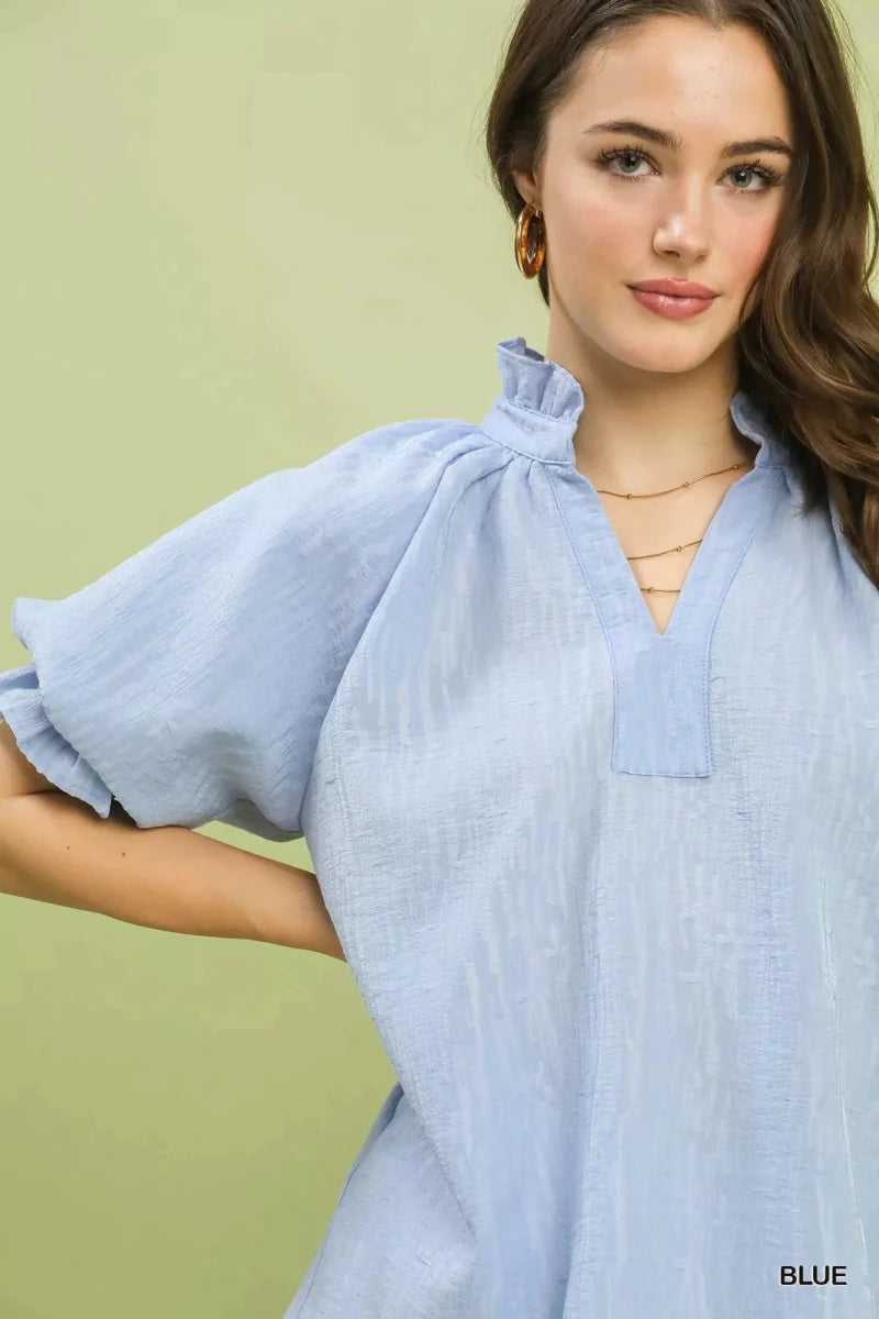 Textured Puff Sleeve Split Neck Top - 