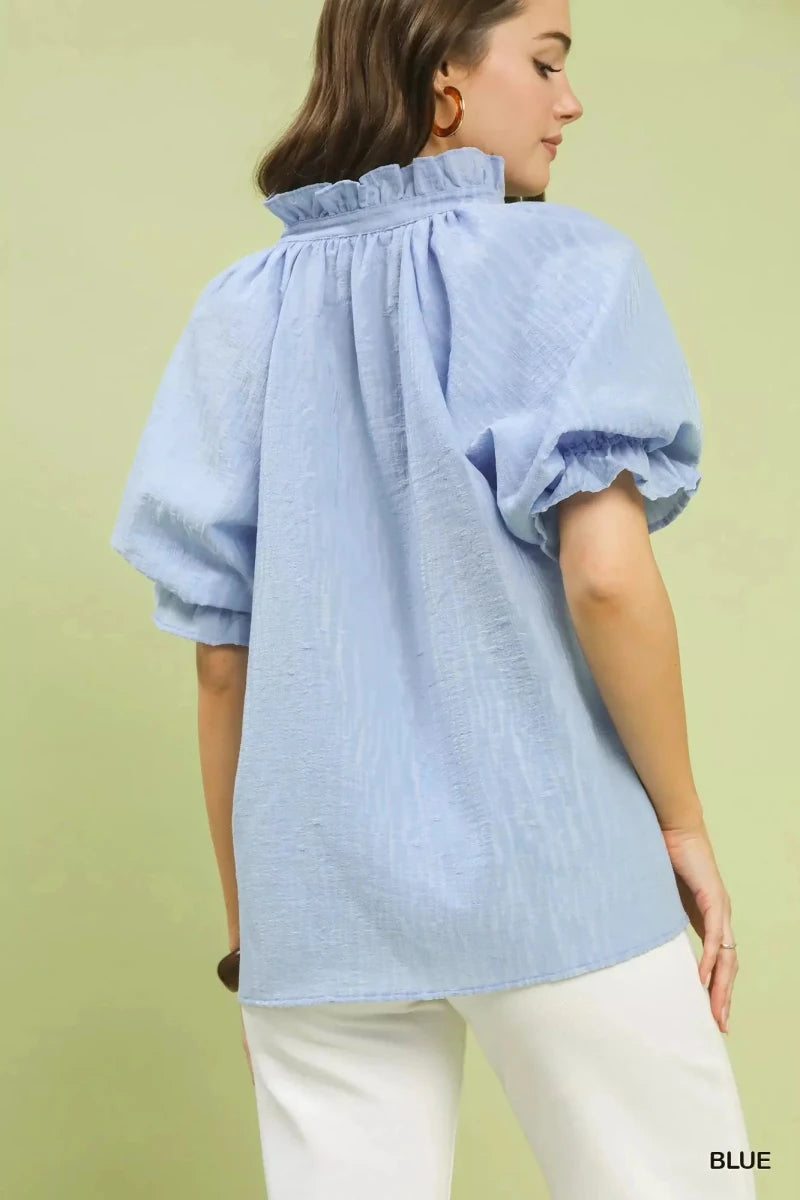 Textured Puff Sleeve Split Neck Top - 