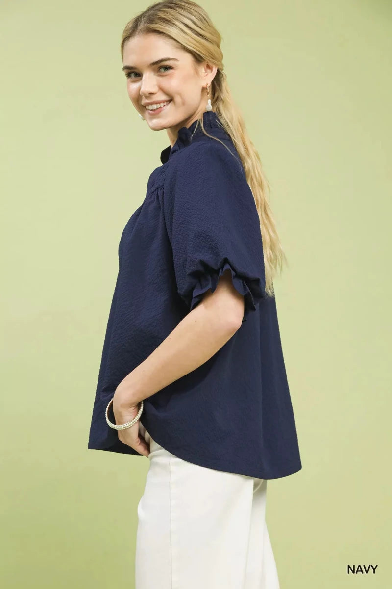 Textured Smocked Yoke Split - Neck Top - 