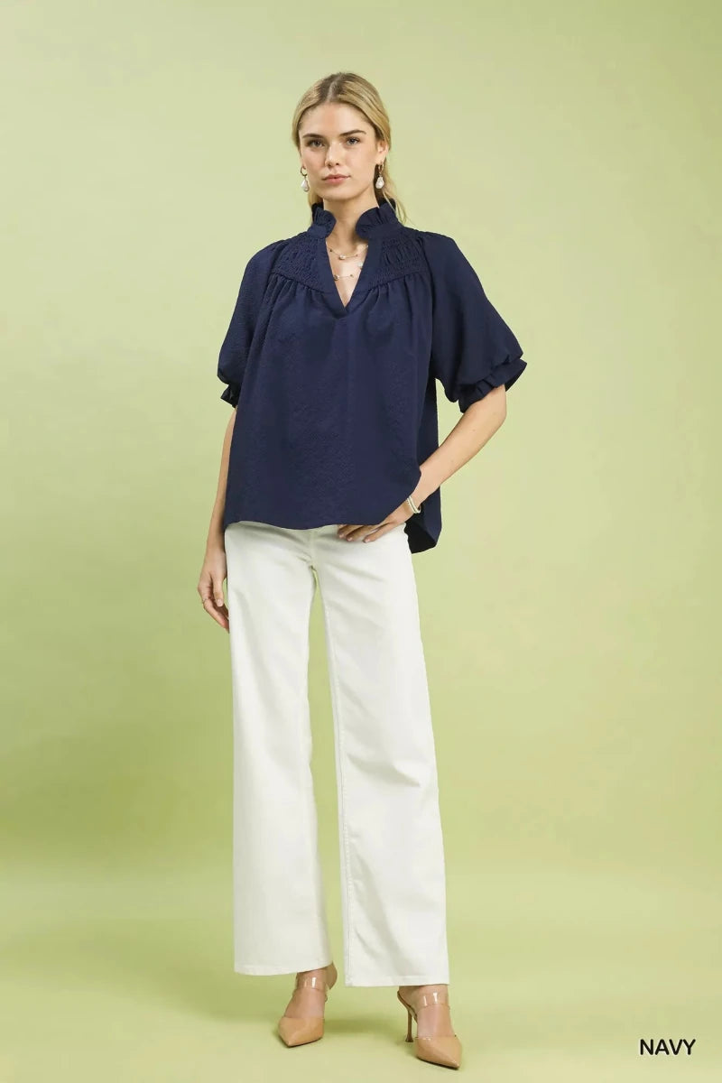 Textured Smocked Yoke Split - Neck Top - 