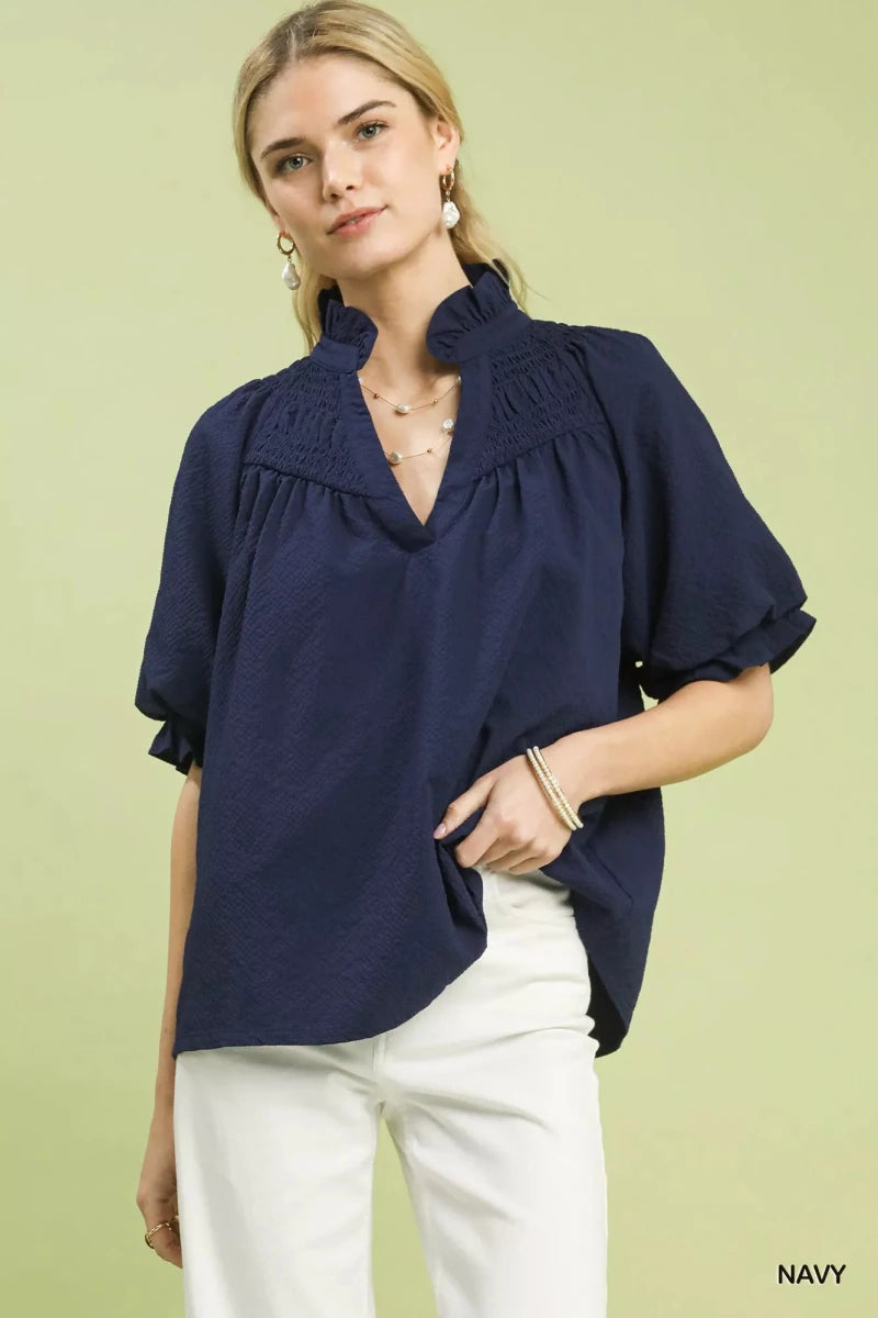 Textured Smocked Yoke Split - Neck Top - 