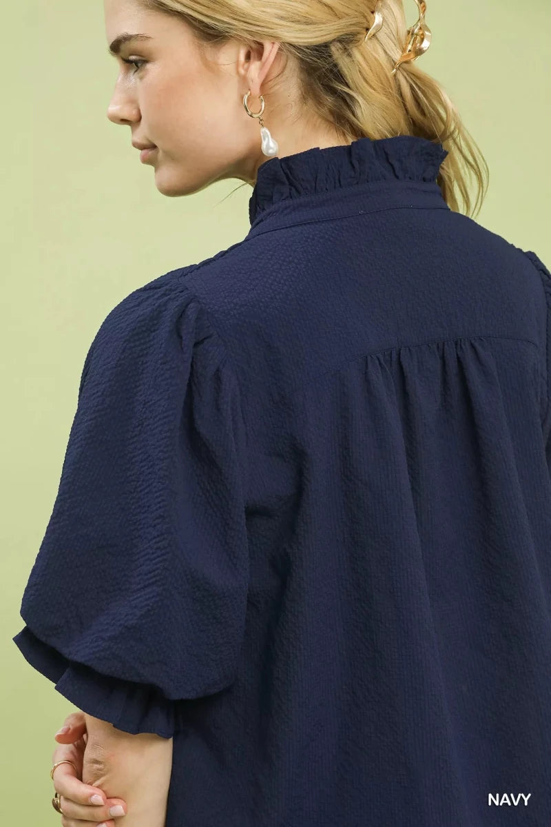 Textured Smocked Yoke Split - Neck Top - 
