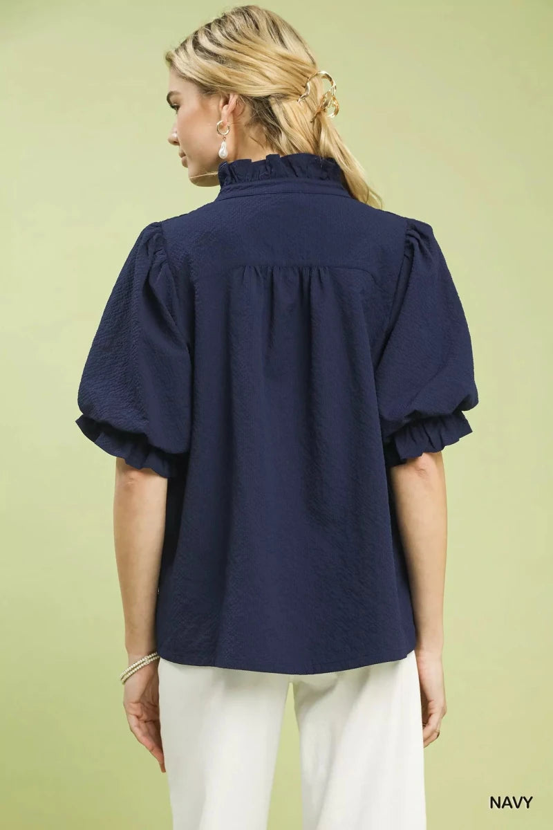 Textured Smocked Yoke Split - Neck Top - 
