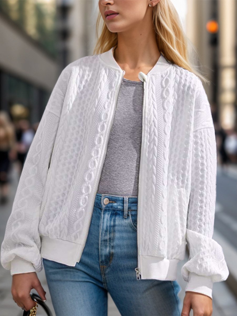 Textured Zip Up Dropped Shoulder Jacket - Outerwear