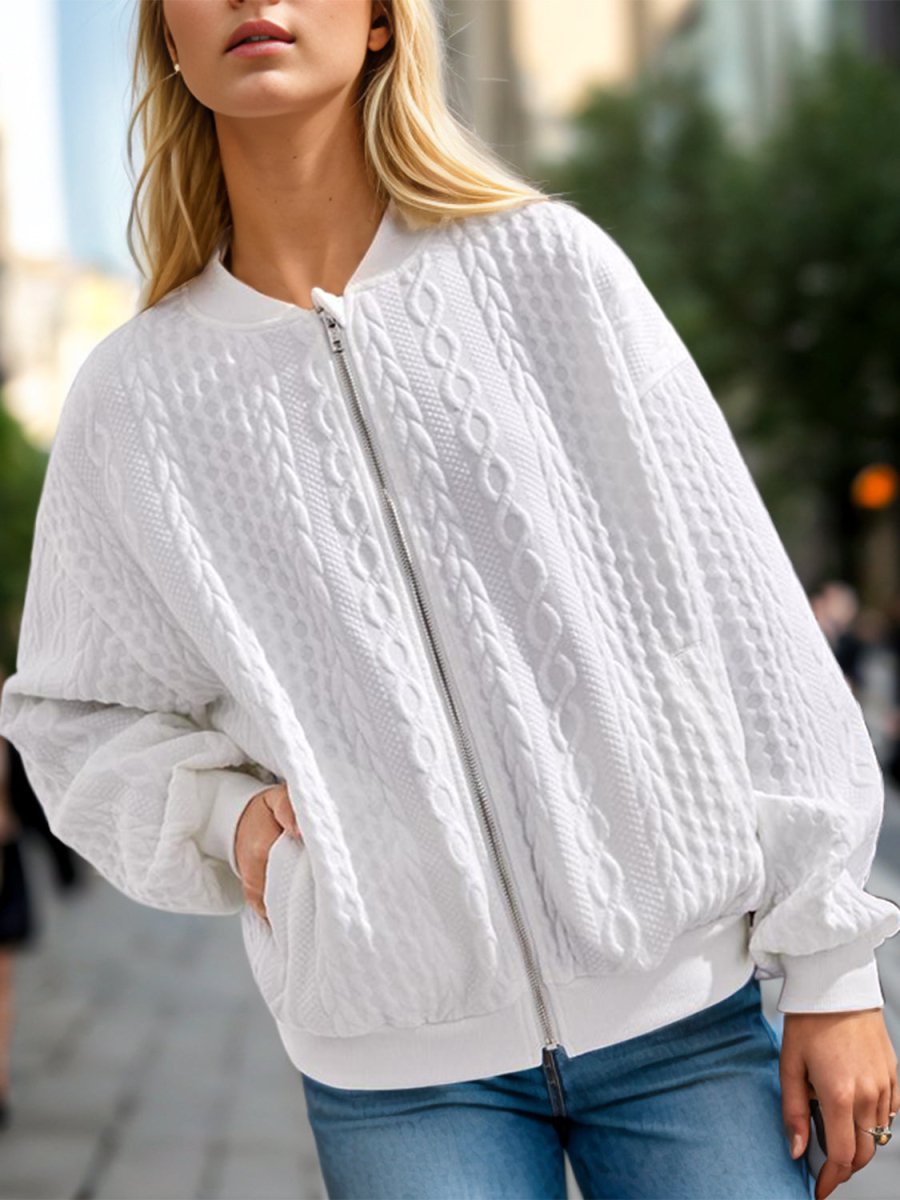 Textured Zip Up Dropped Shoulder Jacket - Outerwear