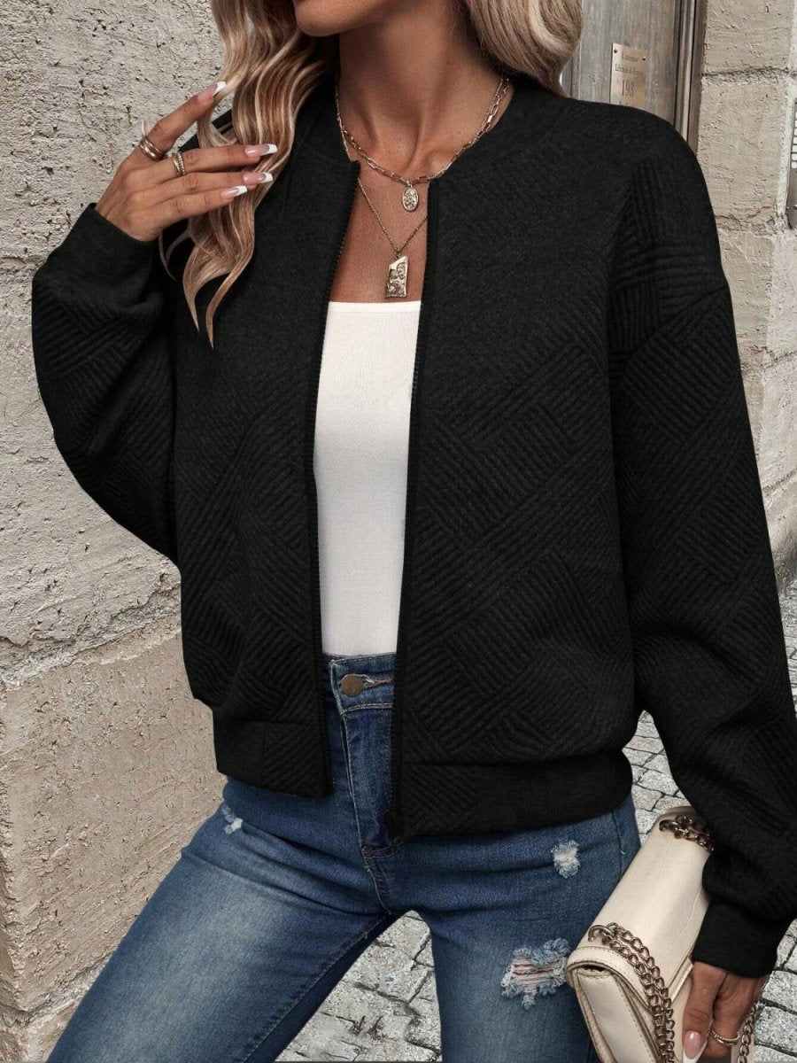 Textured Zip Up Long Sleeve Jacket - Outerwear