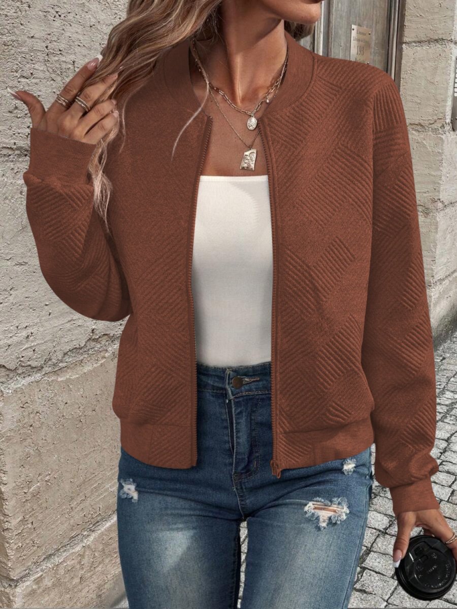 Textured Zip Up Long Sleeve Jacket - Outerwear
