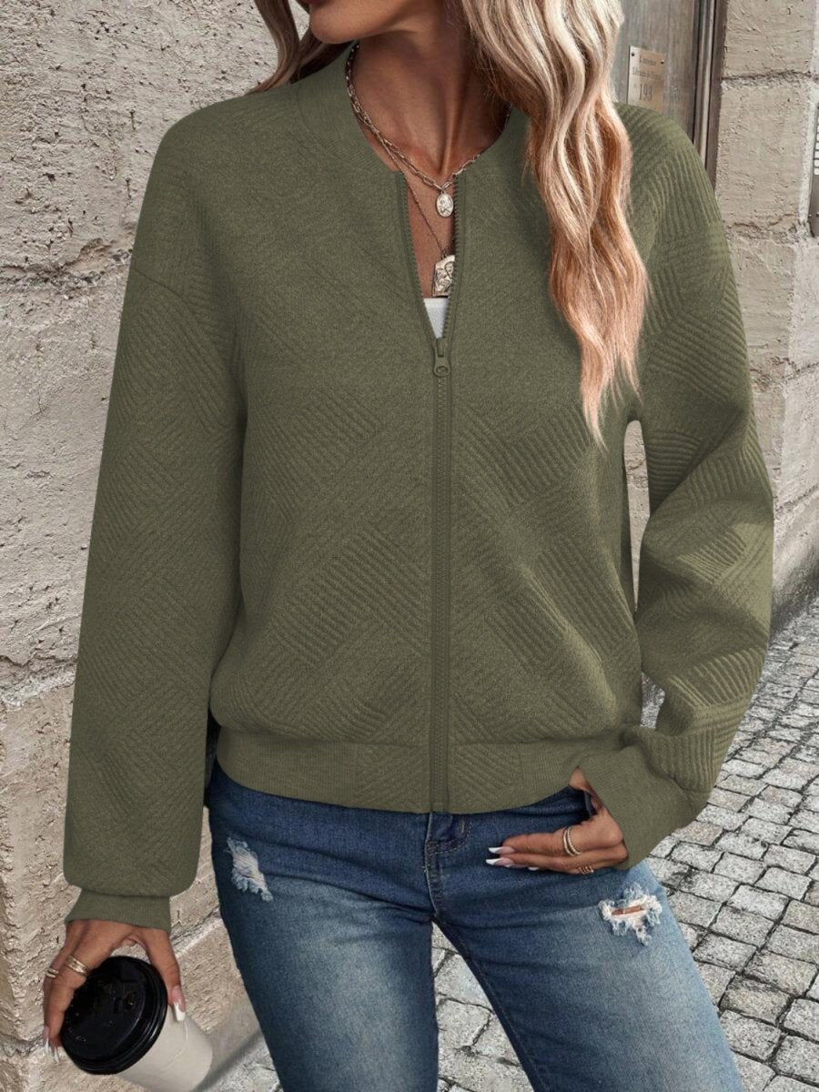 Textured Zip Up Long Sleeve Jacket - Outerwear