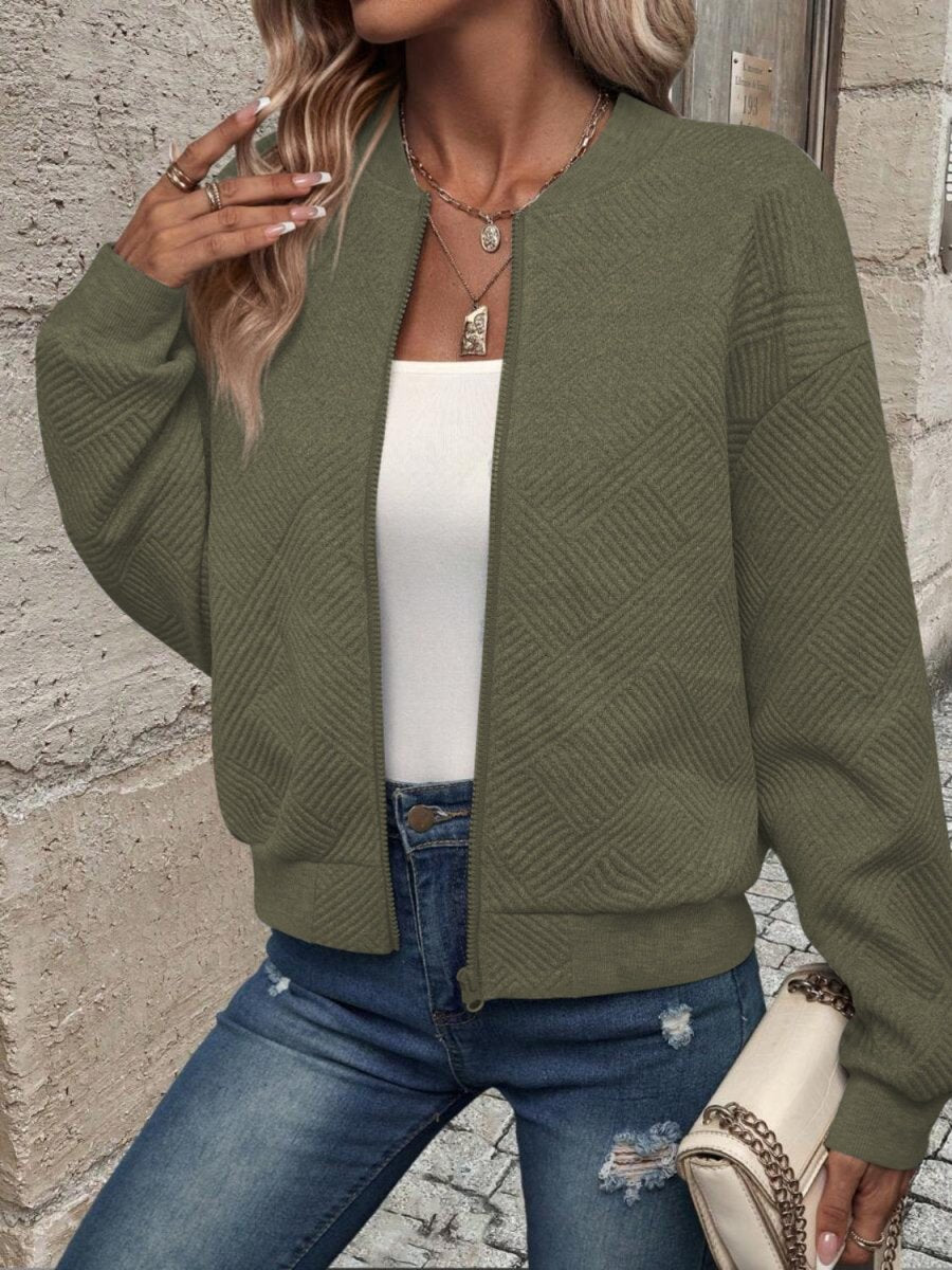 Textured Zip Up Long Sleeve Jacket - Outerwear