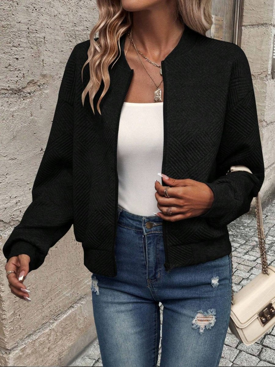 Textured Zip Up Long Sleeve Jacket - Outerwear