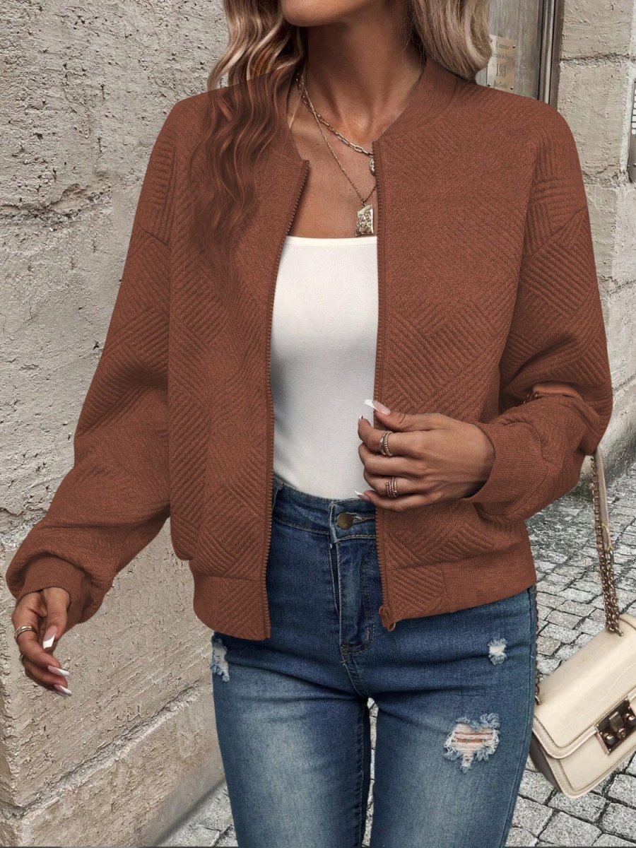 Textured Zip Up Long Sleeve Jacket - Outerwear