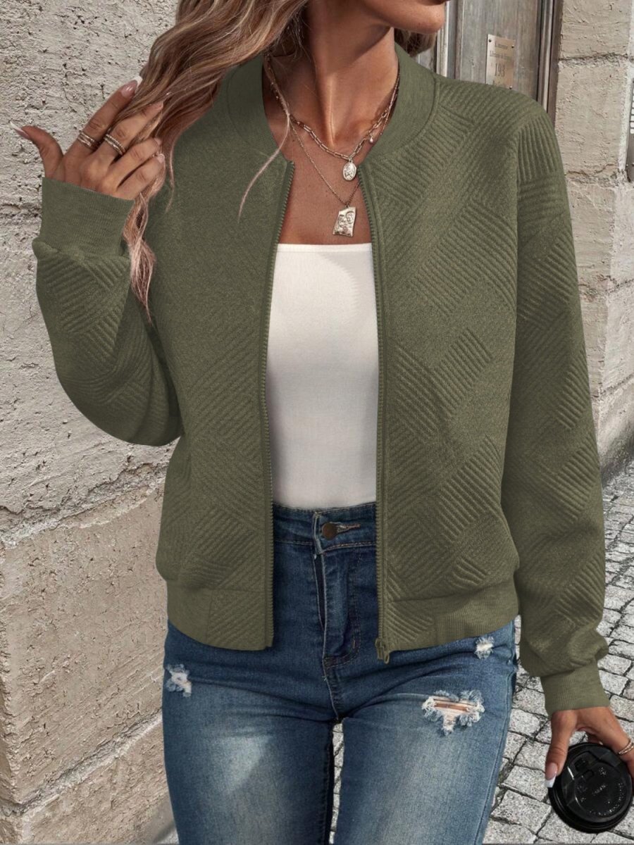 Textured Zip Up Long Sleeve Jacket - Outerwear