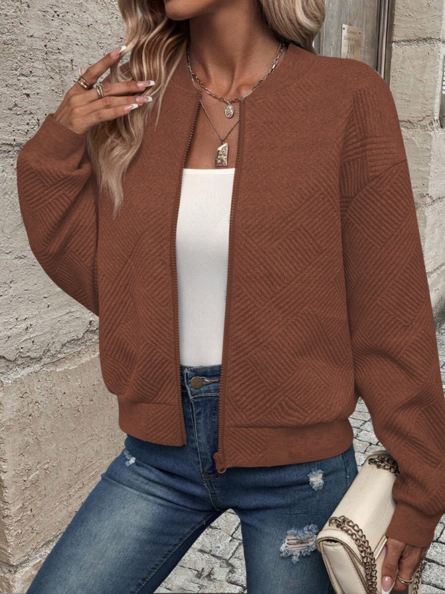 Textured Zip Up Long Sleeve Jacket - Outerwear