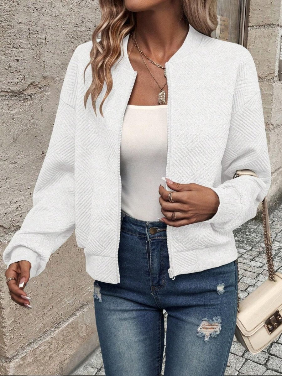 Textured Zip Up Long Sleeve Jacket - Outerwear