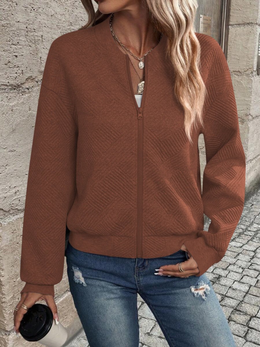 Textured Zip Up Long Sleeve Jacket - Outerwear