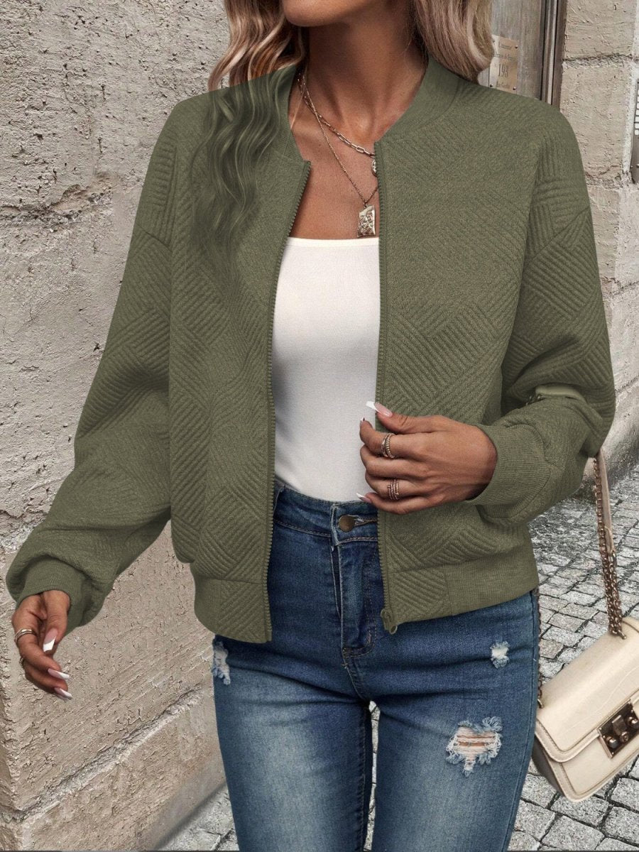 Textured Zip Up Long Sleeve Jacket - Outerwear