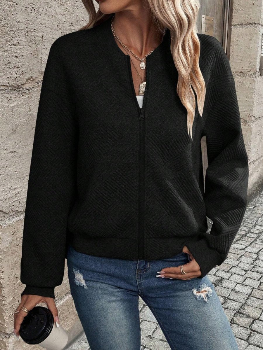 Textured Zip Up Long Sleeve Jacket - Outerwear