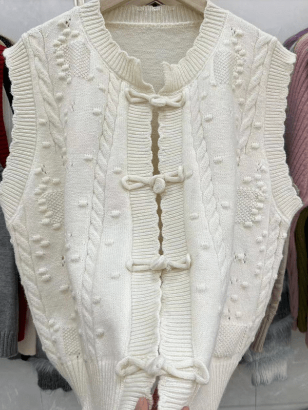 Three - dimensional buckle design lace collar knitted vest loose soft waxy layered top vest - Outerwear