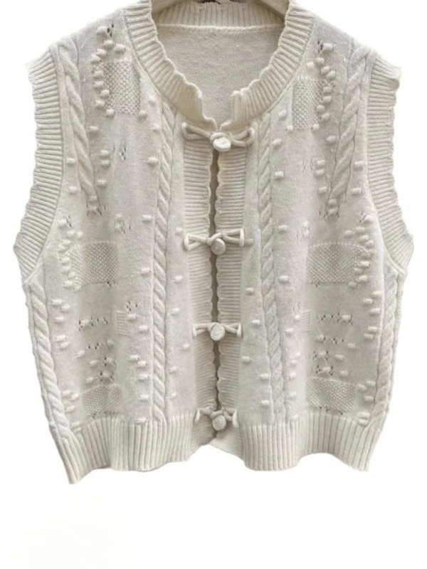 Three - dimensional buckle design lace collar knitted vest loose soft waxy layered top vest - Outerwear