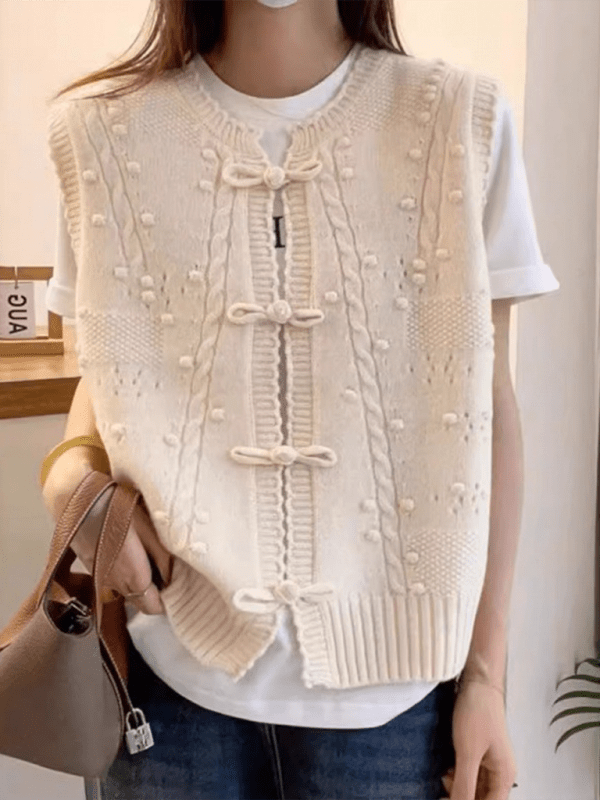 Three - dimensional buckle design lace collar knitted vest loose soft waxy layered top vest - Outerwear