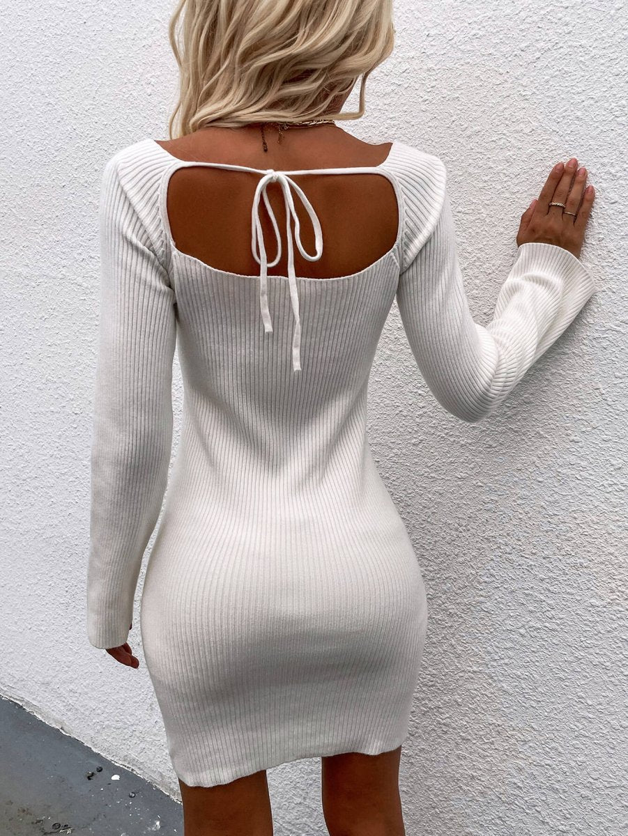 Tie Back Square Neck Long Sleeve Sweater Dress - Sweater Dress