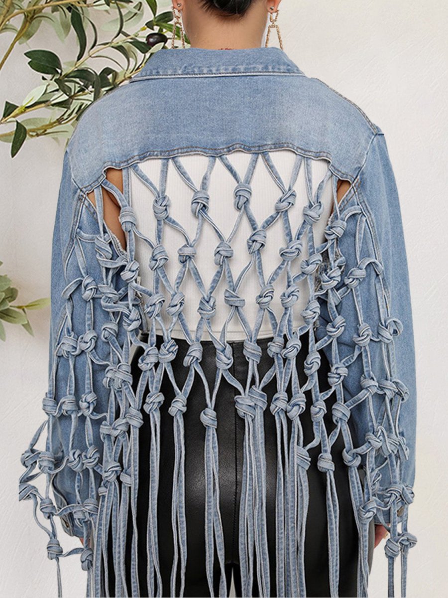 Tie Detail Button Up Denim Jacket with Pockets - Outerwear