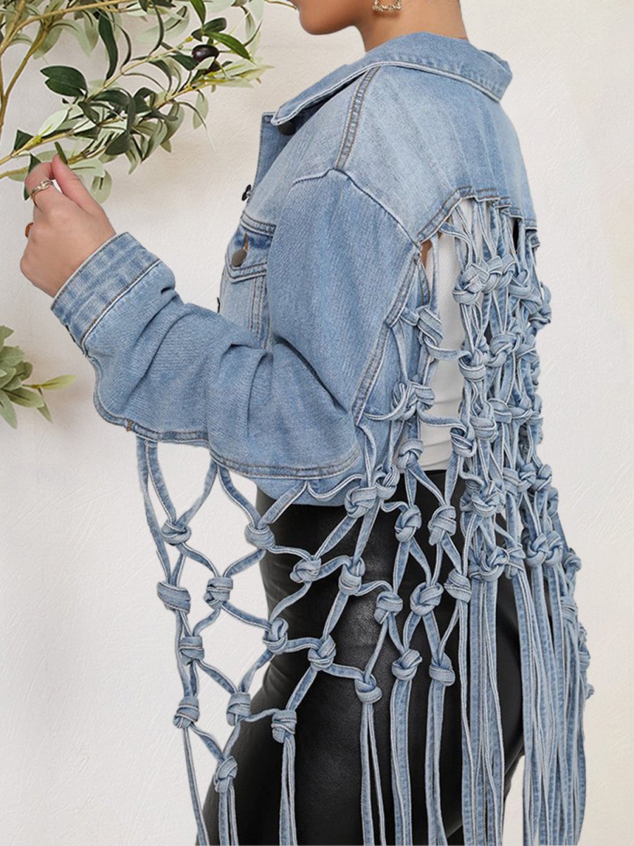 Tie Detail Button Up Denim Jacket with Pockets - Outerwear