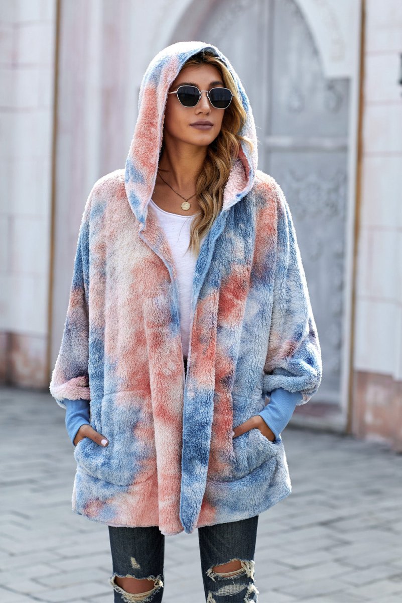 Tie - Dye Plush Hooded Jacket with Pockets - Outerwear