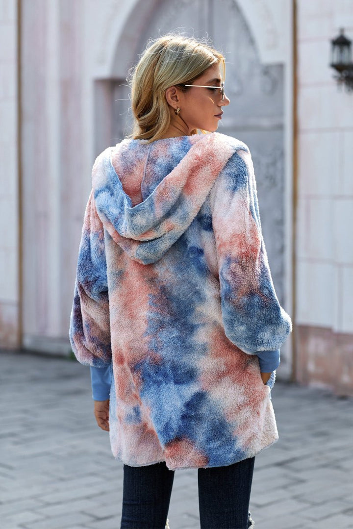 Tie - Dye Plush Hooded Jacket with Pockets - Outerwear