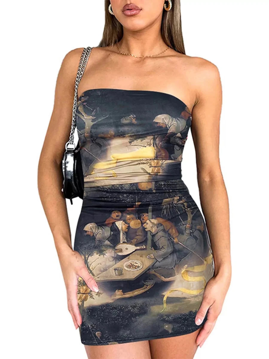 Tie - Dye Ruched Bodycon Mini Dress - 
