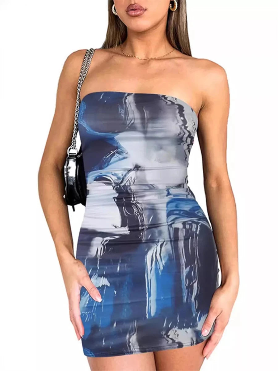 Tie - Dye Ruched Bodycon Mini Dress - 