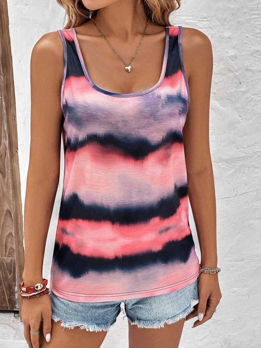 Tie - Dye Scoop Neck Wide Strap Tank - Top