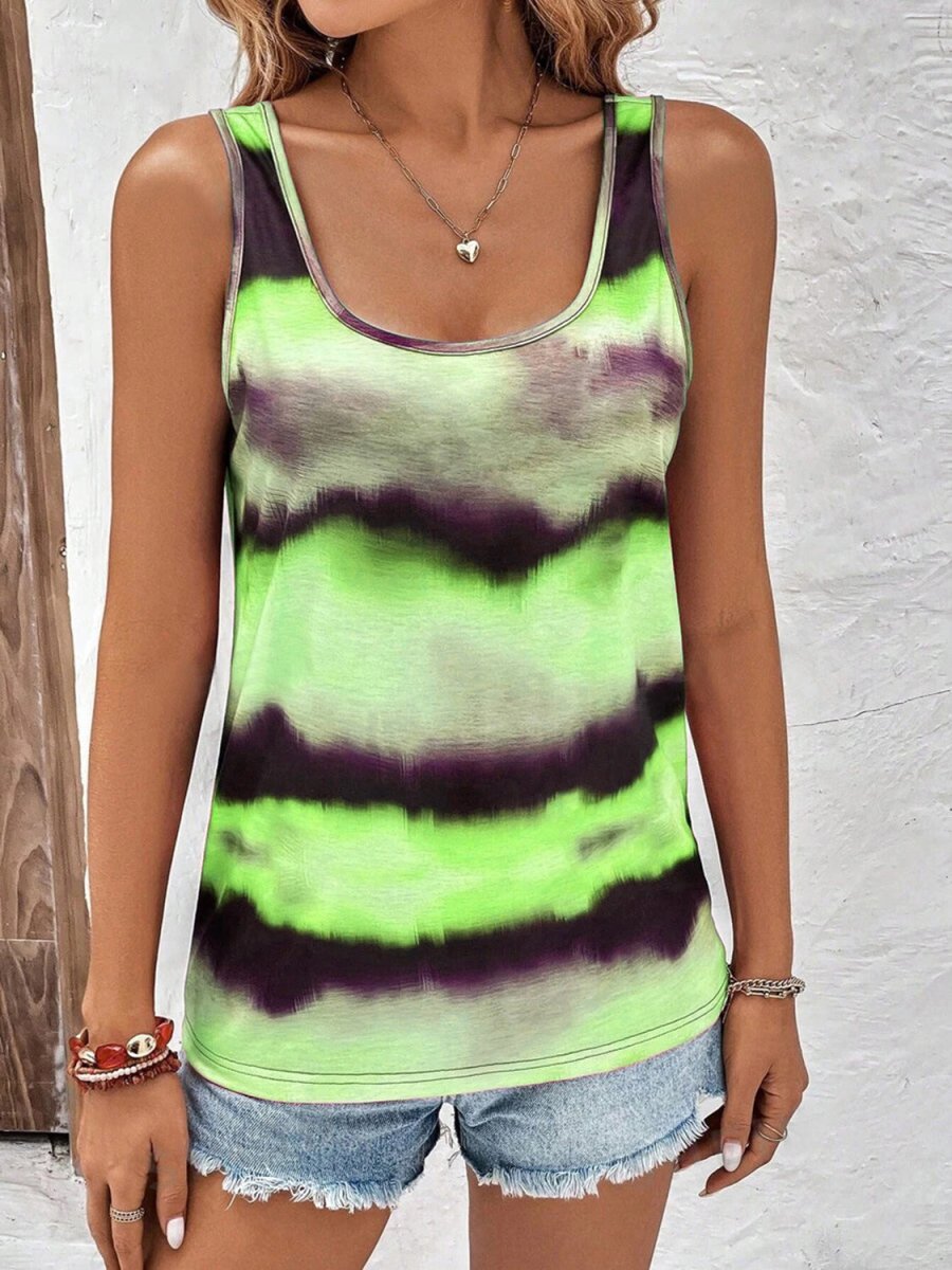 Tie - Dye Scoop Neck Wide Strap Tank - Top