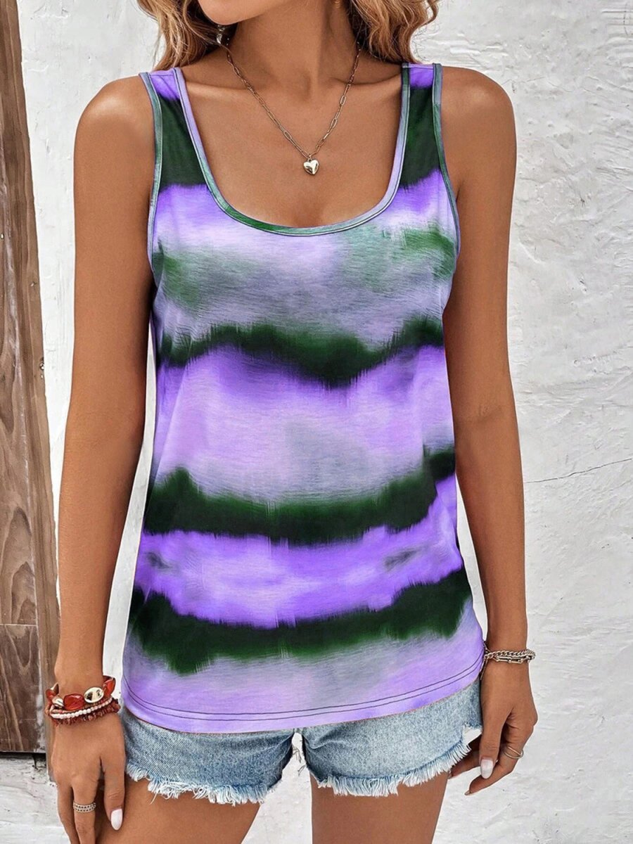 Tie - Dye Scoop Neck Wide Strap Tank - Top