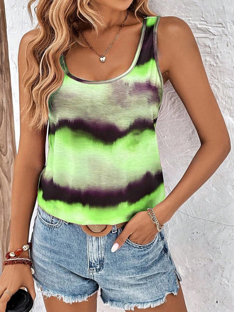 Tie - Dye Scoop Neck Wide Strap Tank - Top