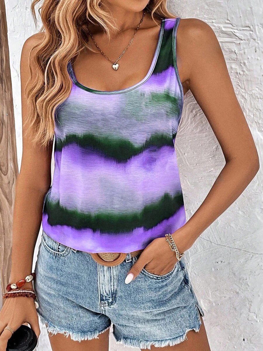 Tie - Dye Scoop Neck Wide Strap Tank - Top