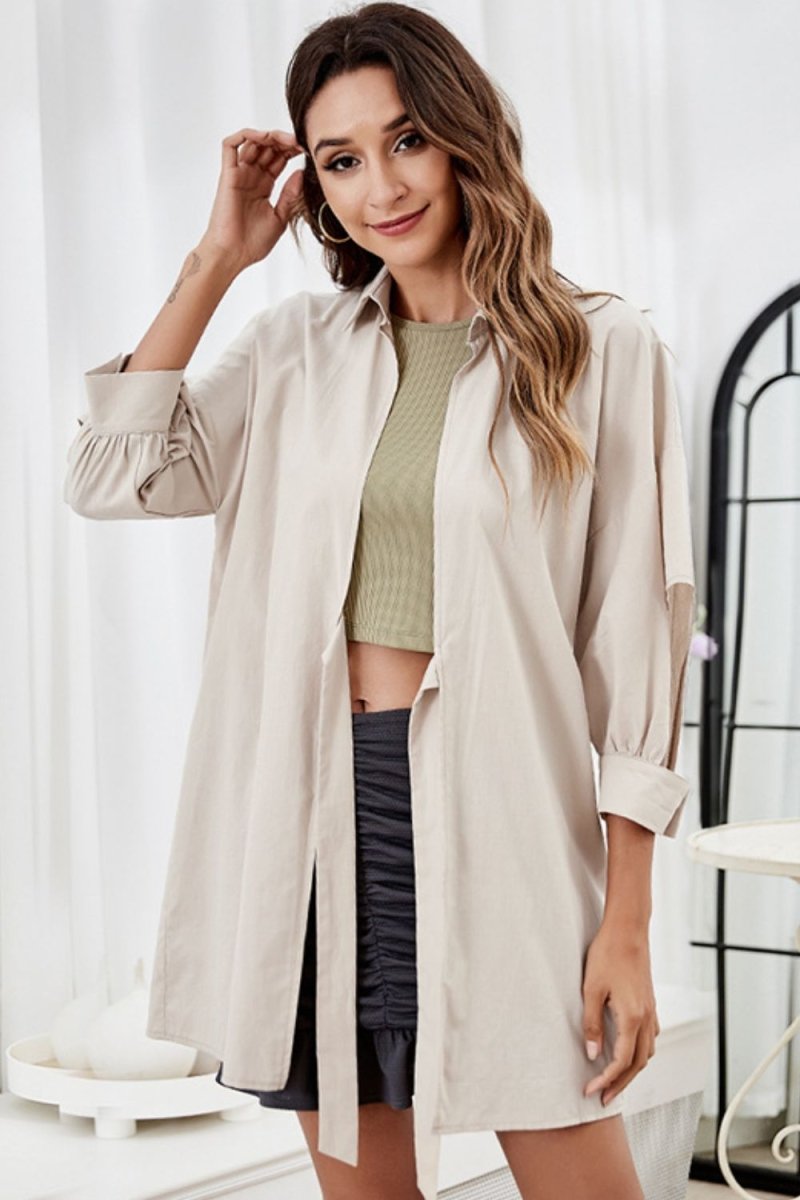 Tie Front Collared Neck Cutout Shacket - Outerwear
