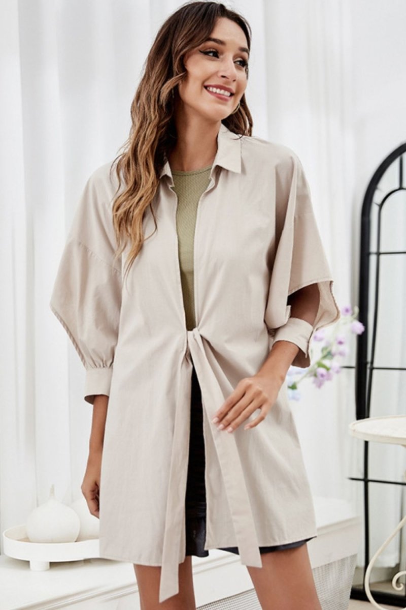 Tie Front Collared Neck Cutout Shacket - Outerwear