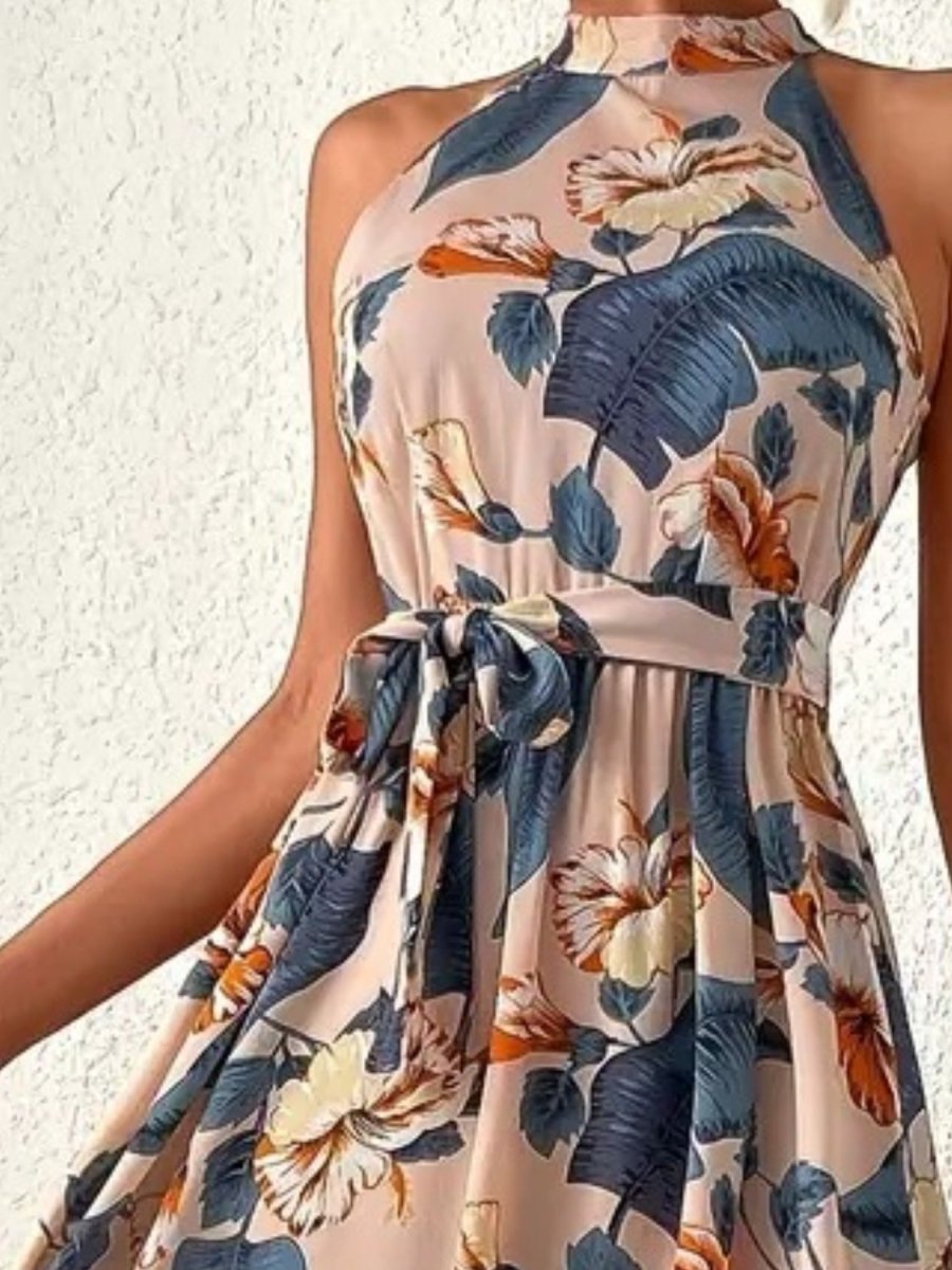 Tied Floral Sleeveless Dress - Day Dress