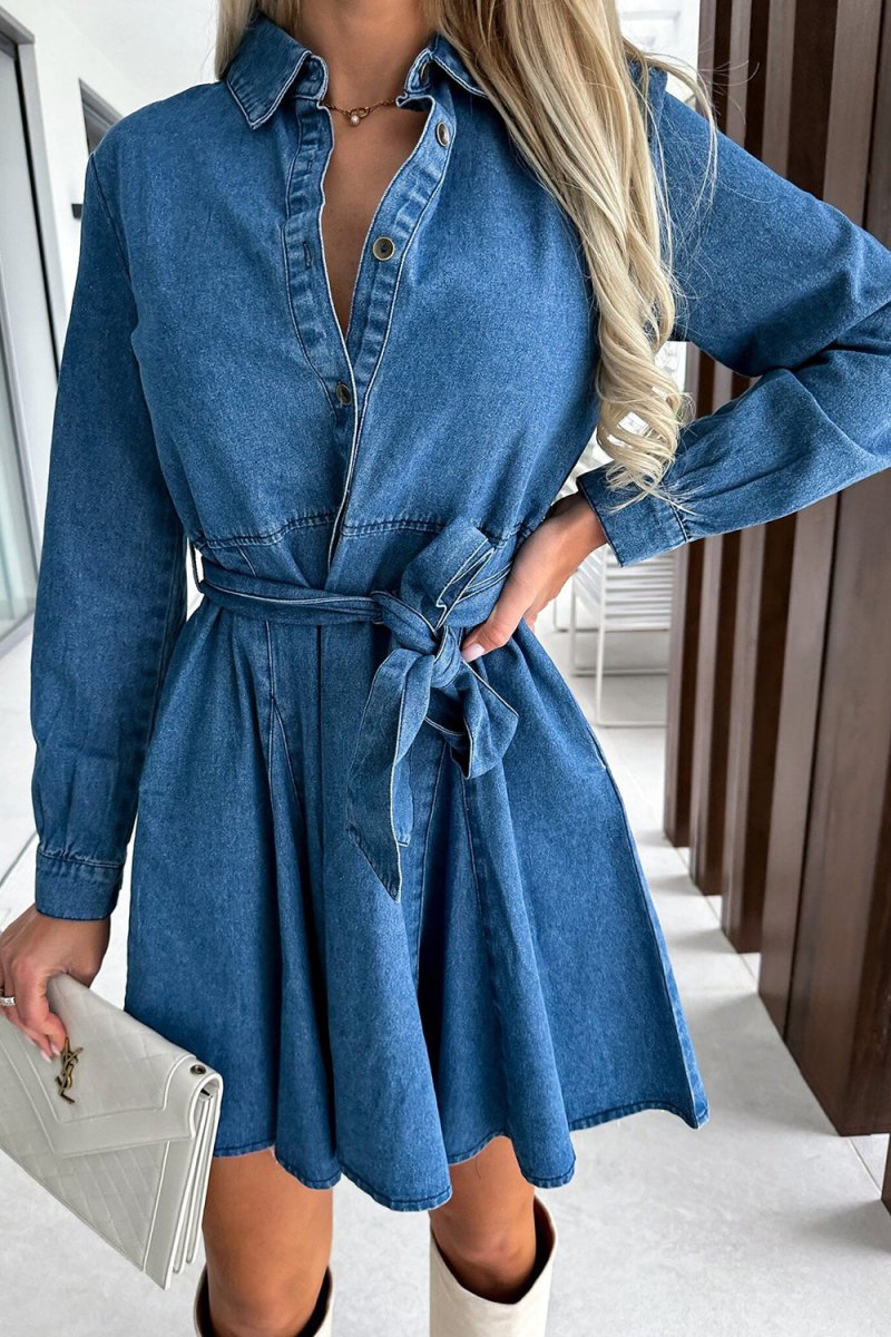 Tied Half Button Long Sleeve Denim Dress - Denim Dress