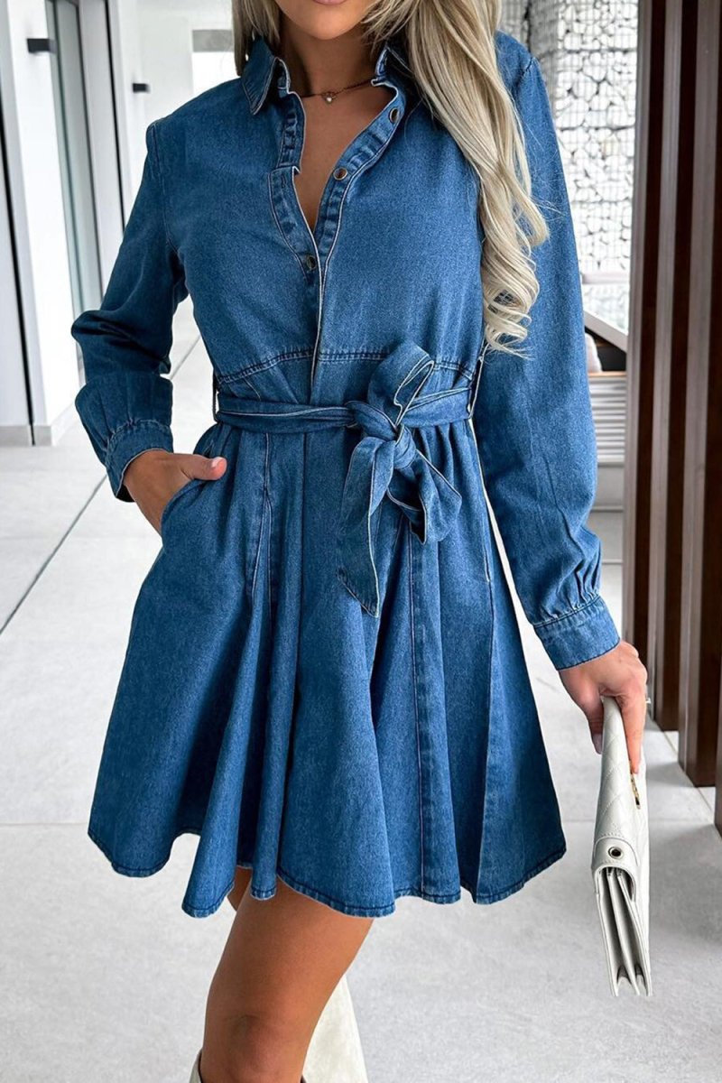 Tied Half Button Long Sleeve Denim Dress - Denim Dress