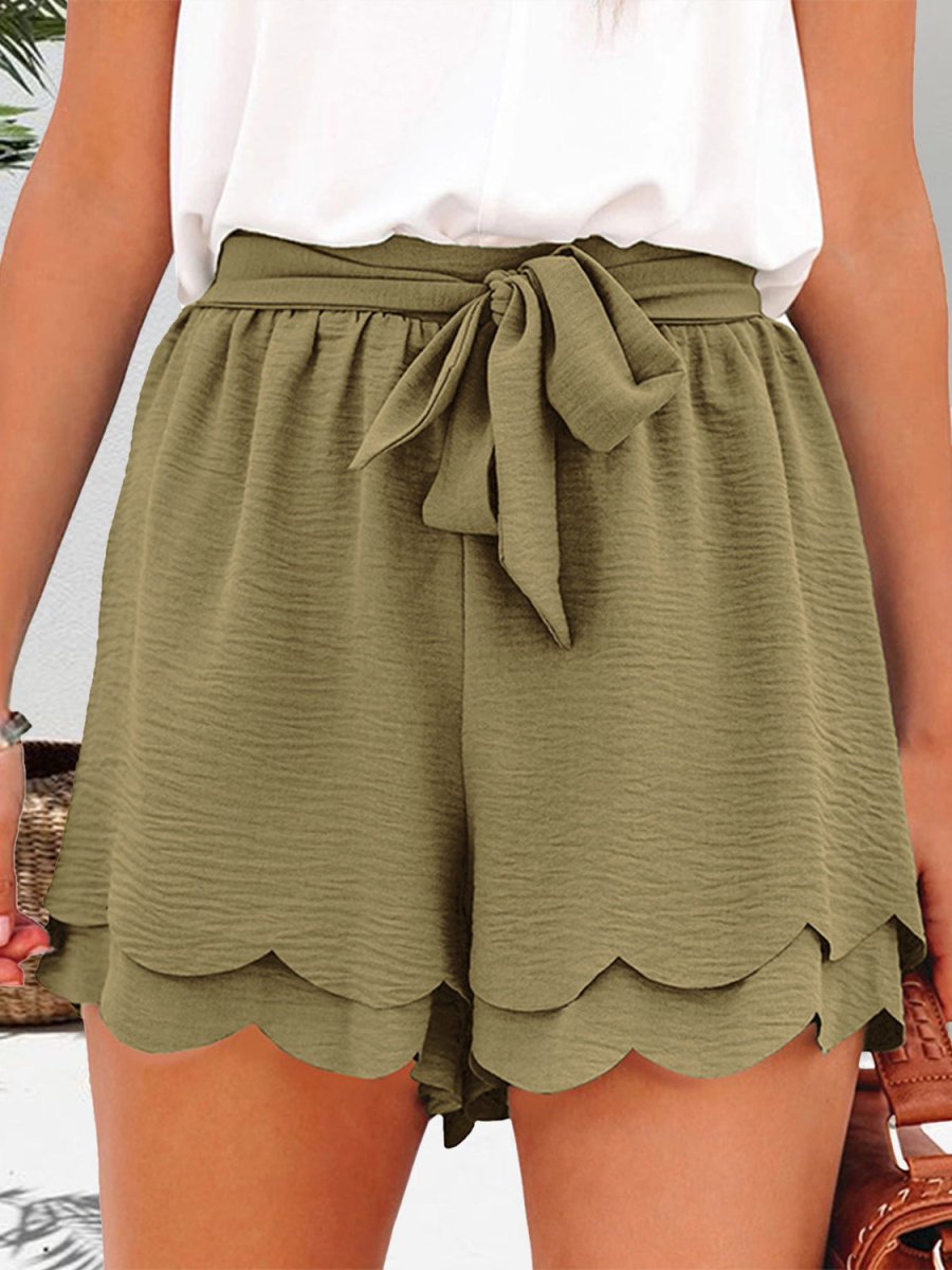 Tied Layered Scalloped Hem Shorts - Bottoms
