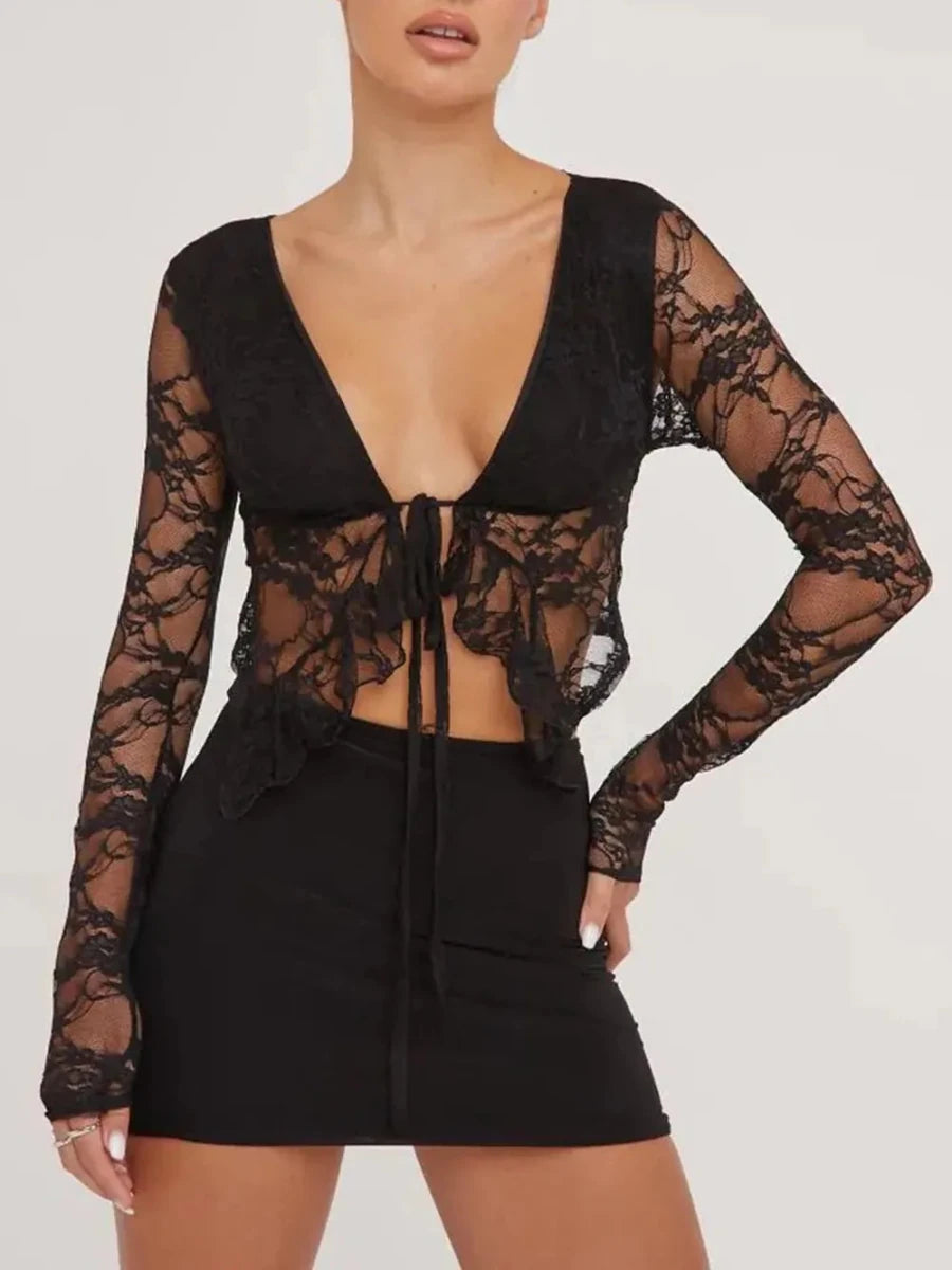 Tied Plunge Long Sleeve Lace Cropped Shirt - 