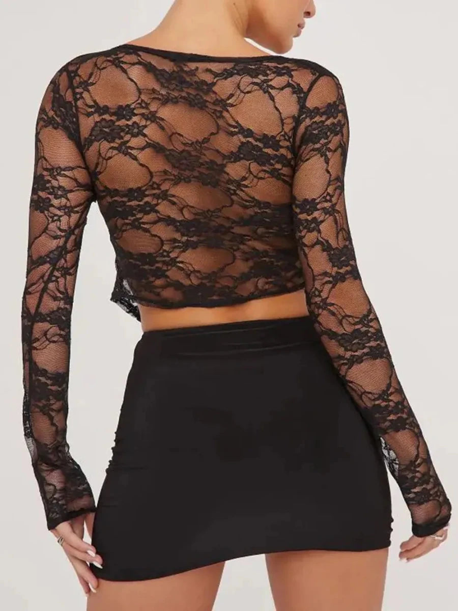 Tied Plunge Long Sleeve Lace Cropped Shirt - 
