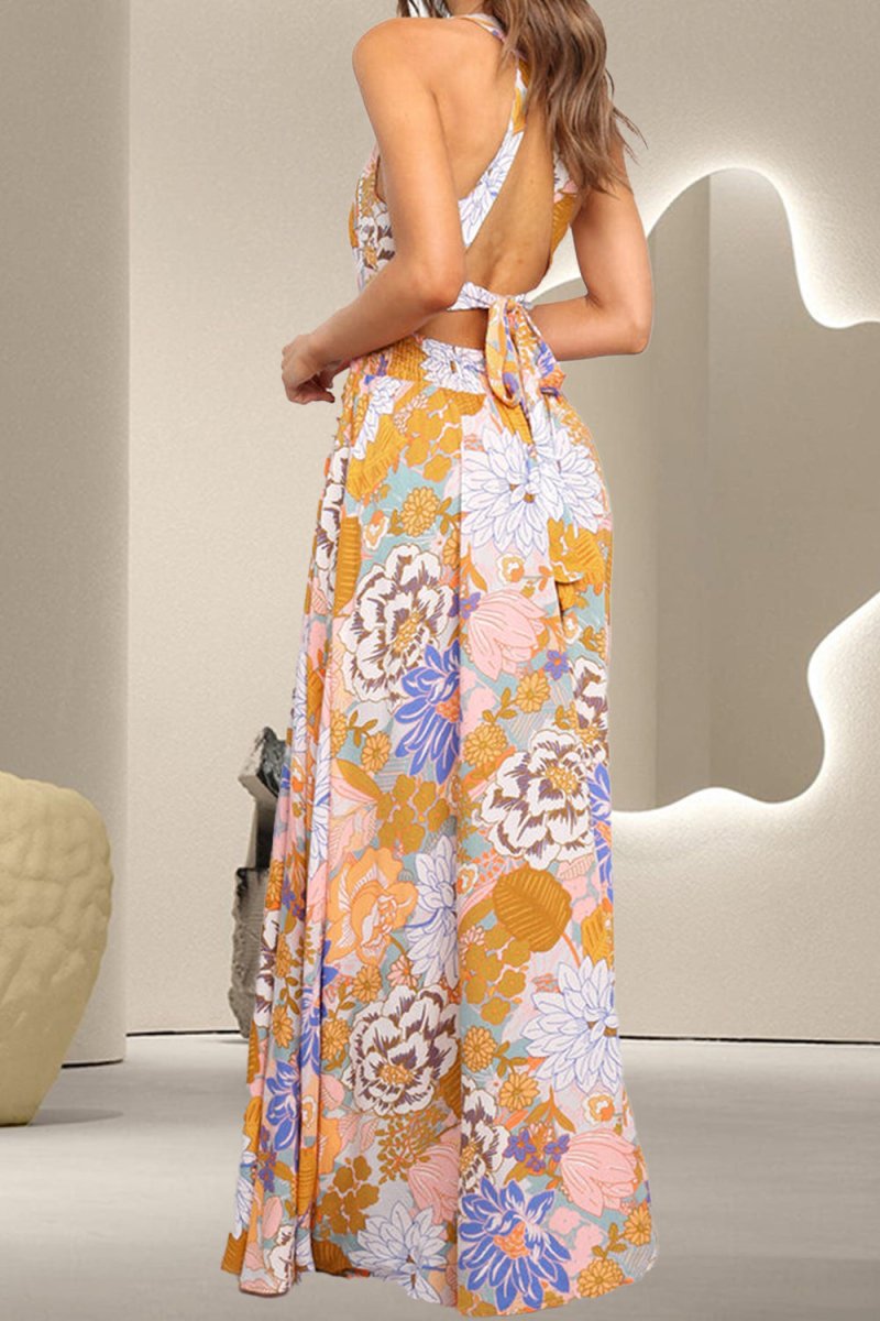 Tied Printed Grecian Sleeveless Maxi Dress - Day Dress