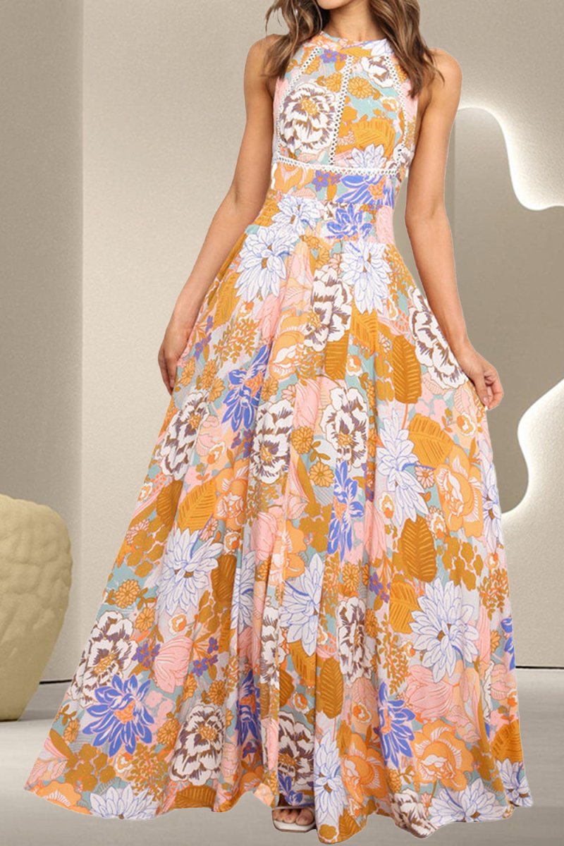 Tied Printed Grecian Sleeveless Maxi Dress - Day Dress